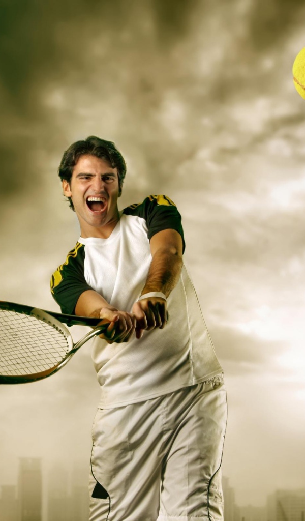 Теннисист отбивает мяч