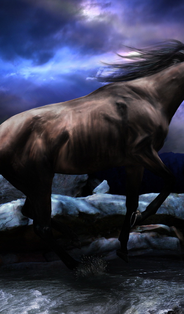 Черный конь скачет по реке