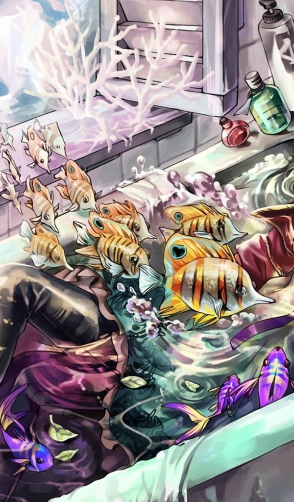 Девочка в ванне с рыбами