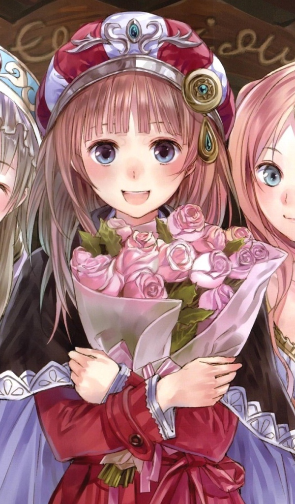 Три девочки с букетом роз