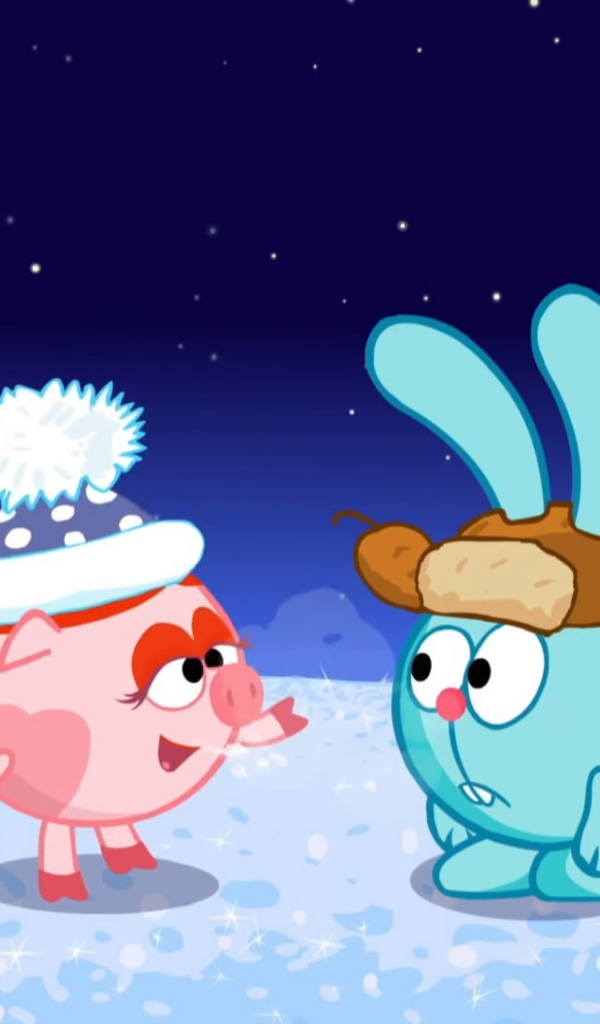 Croche and Nyusha in winter forest in the cartoon Kikoriki