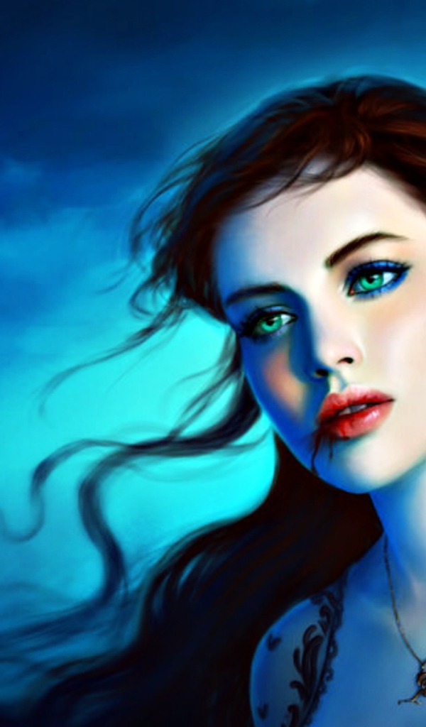 На фоне неба девушка вампир