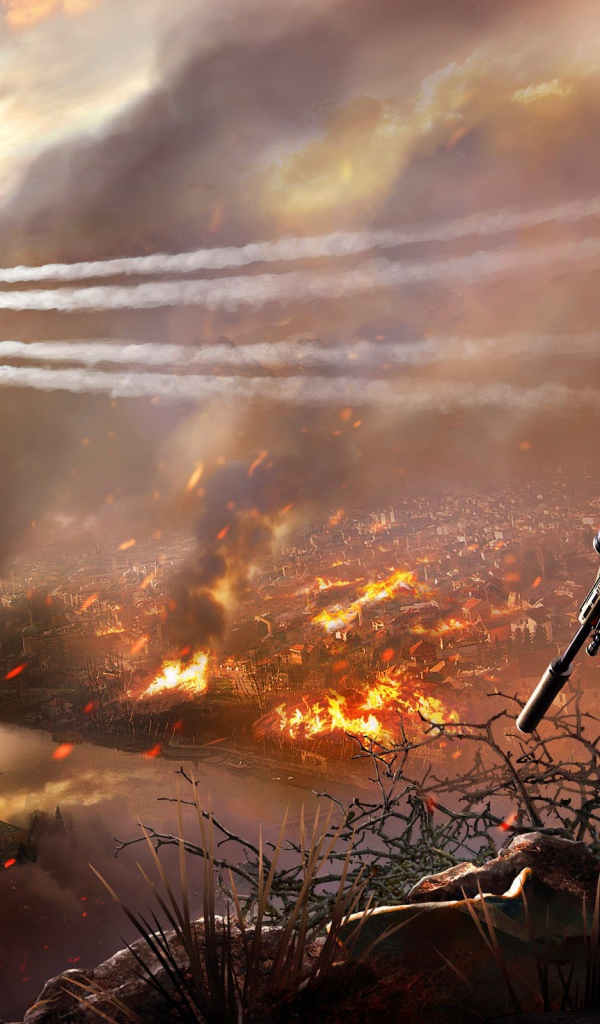 Снайпер смотрит на горящий город