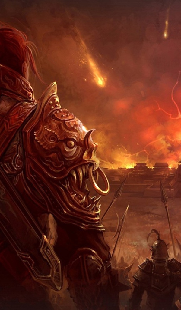 Воины смотрят на горящий город