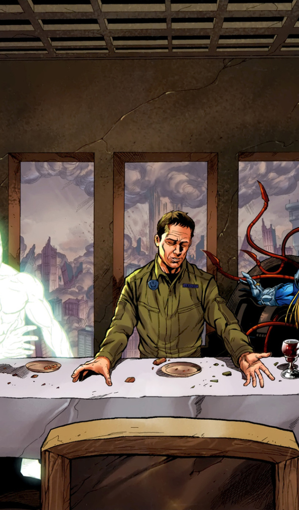 Человек обедает с роботами