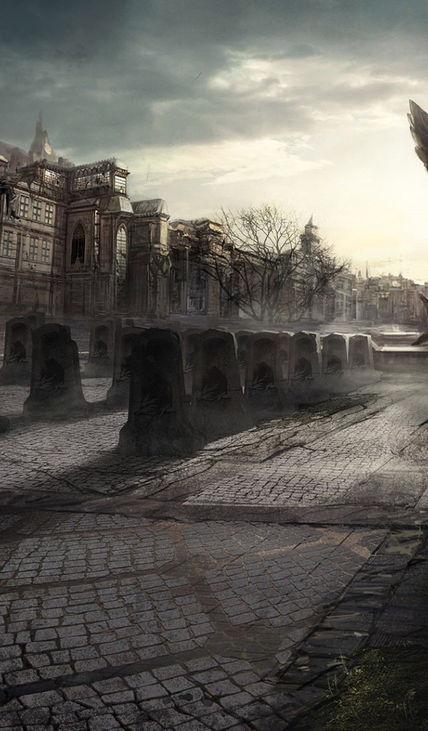 Статуя ангела в разрушенном городе