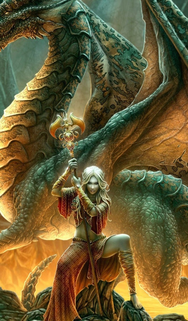 Дракон и колдунья с жезлом