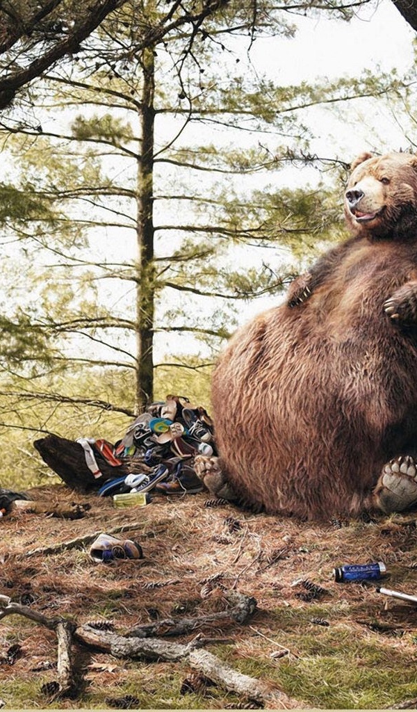 Толстый медведь сидит у дерева