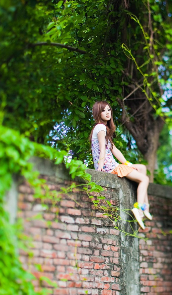 Японка сидит на стене