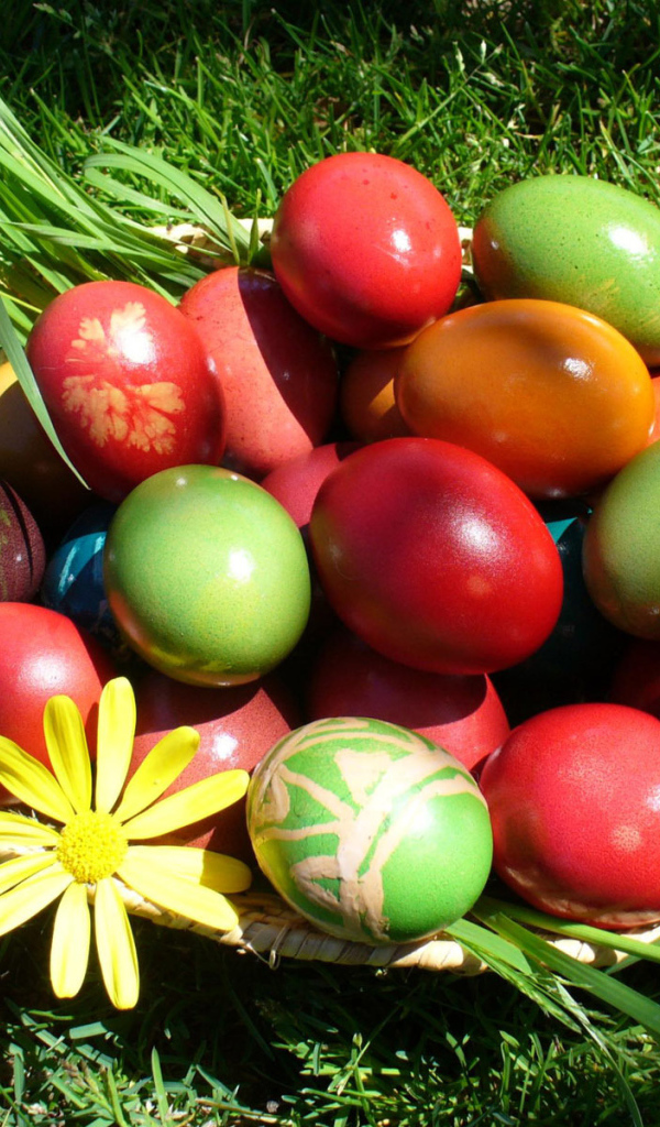 Корзина яиц на траве на Пасху