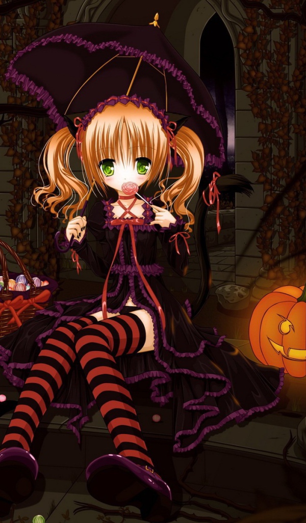 Девочка с зонтиком у тыквы