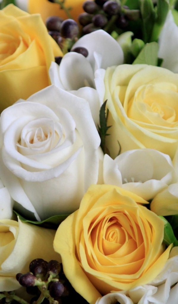 Белые и жёлтые розы в букете на восьмое марта