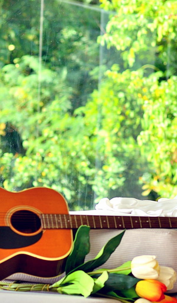 Oкно с гитерой и тюльпаны