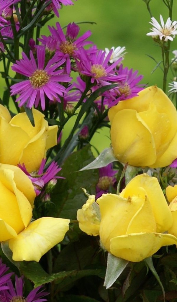 Yellow roses and other flowers in a bouquet