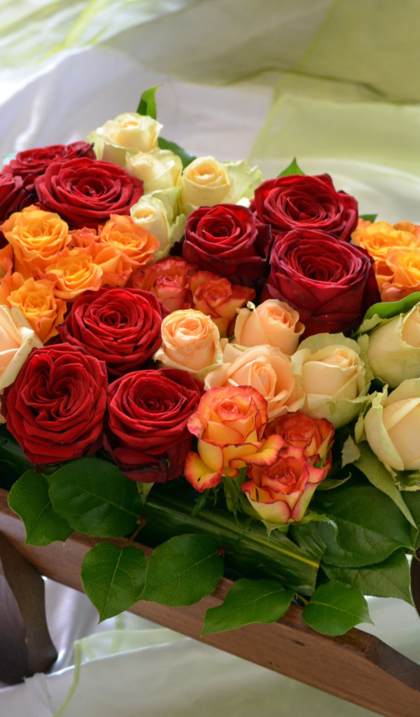 Разноцветные розы на тачке