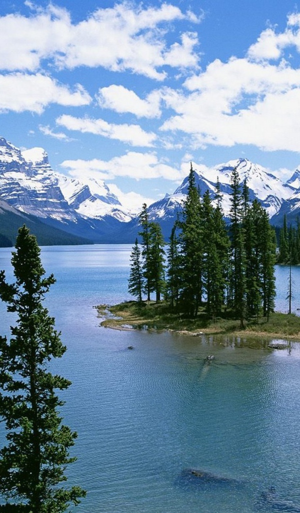 Горное озеро с островом и деревьями