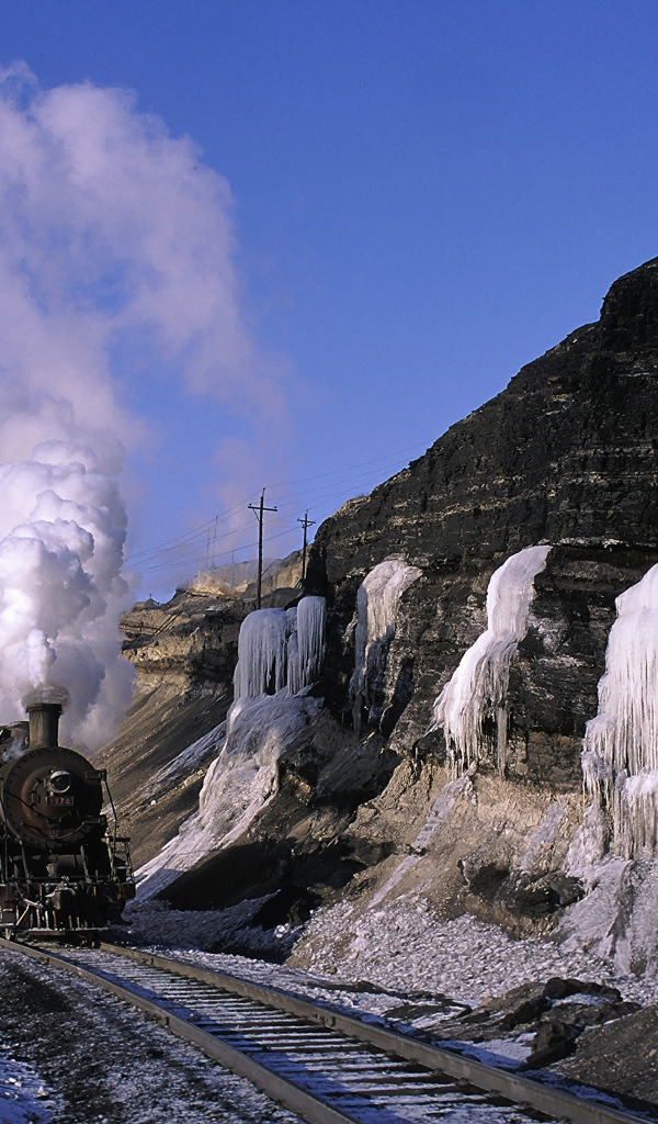 Frozen waterfalls and locomotive