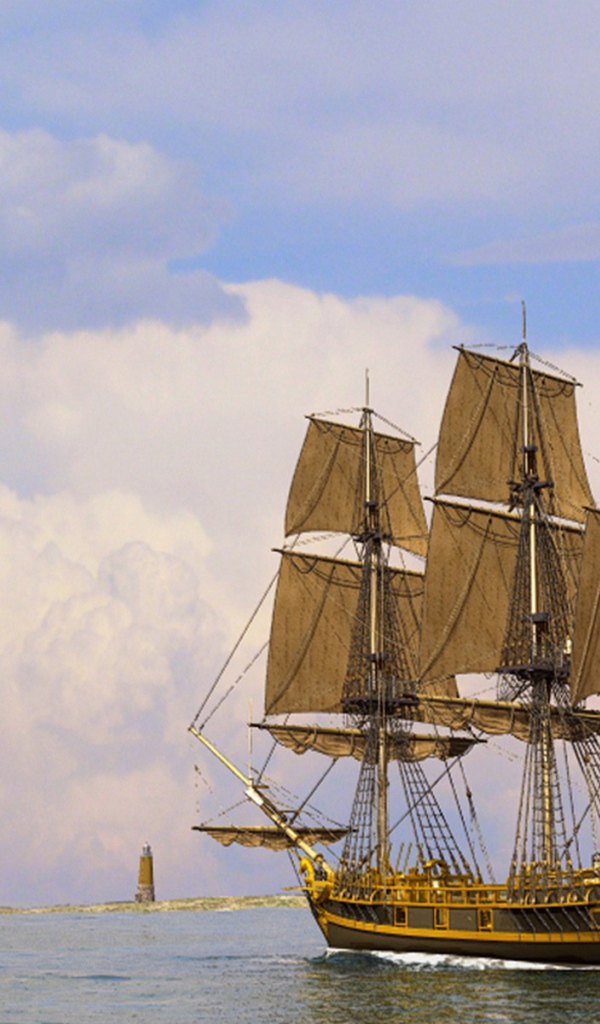 Парусный корабль у маяка