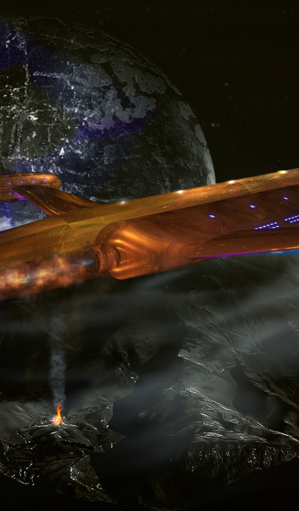 Космический корабль пролетает над планетой