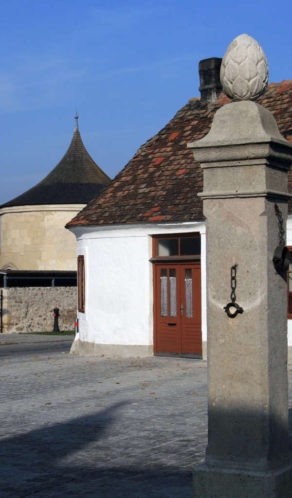 Каменный столб на улице в городе Гайнберг, Австрия