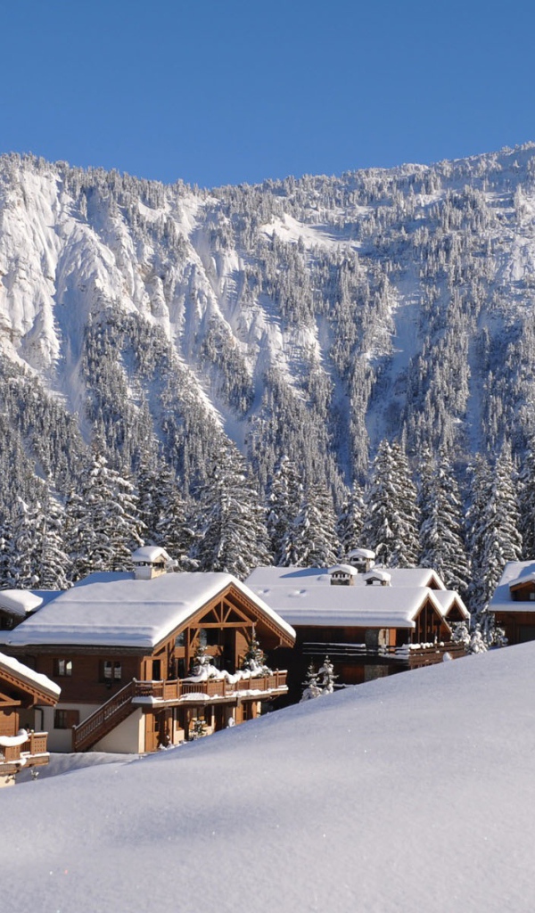 Дома на фоне гор на горнолыжном курорте Куршевель, Франция