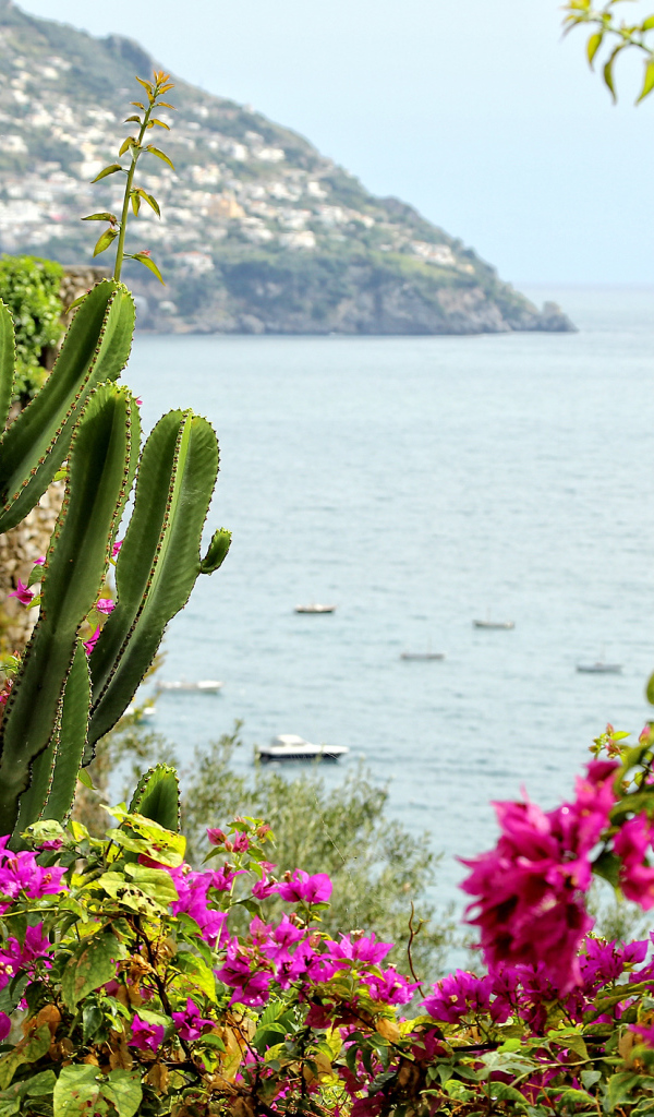 Вид со склона горы на залив на курорте Позитано, Италия