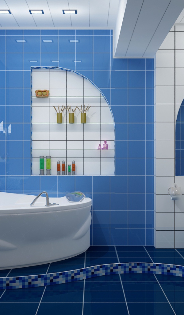 Бело голубой кафель в ванной комнате