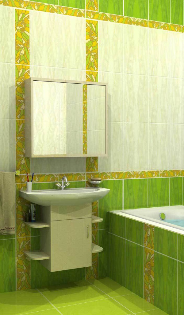 Зеленый и белый кафель в ванной