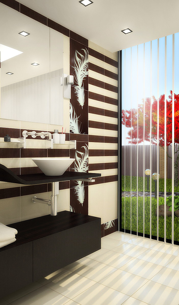 Красное дерево за окном ванной