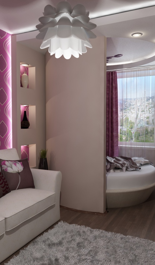 Фиолетовый орнамент на стене гостиной