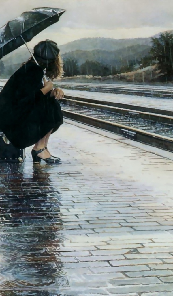 Девушка с зонтиком на перроне