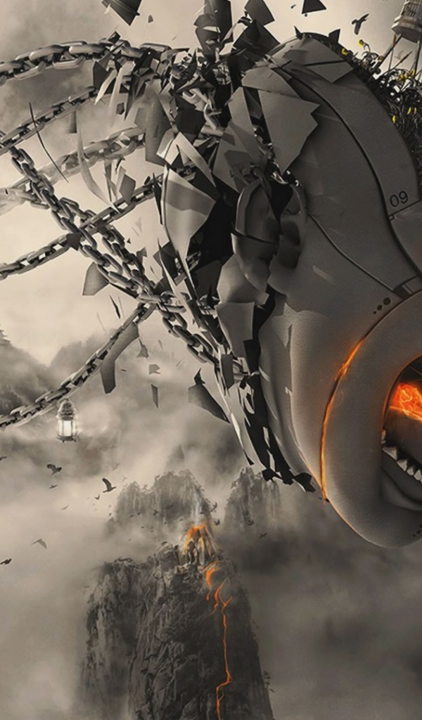 Летающая голова с цепями, 3-Д графика