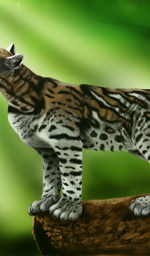 Кот оцелот стоит на зеленом фоне