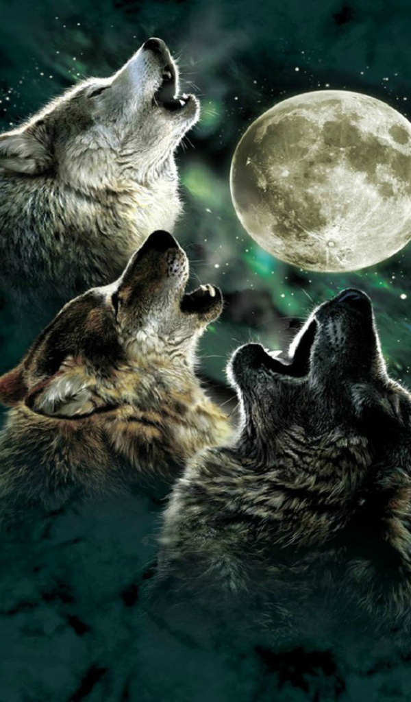 Волки и Луна на зеленом фоне