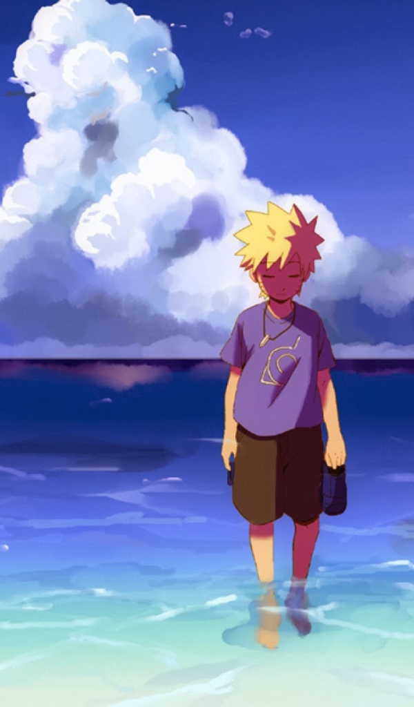 Мальчик стоит в воде у берега, аниме Наруто