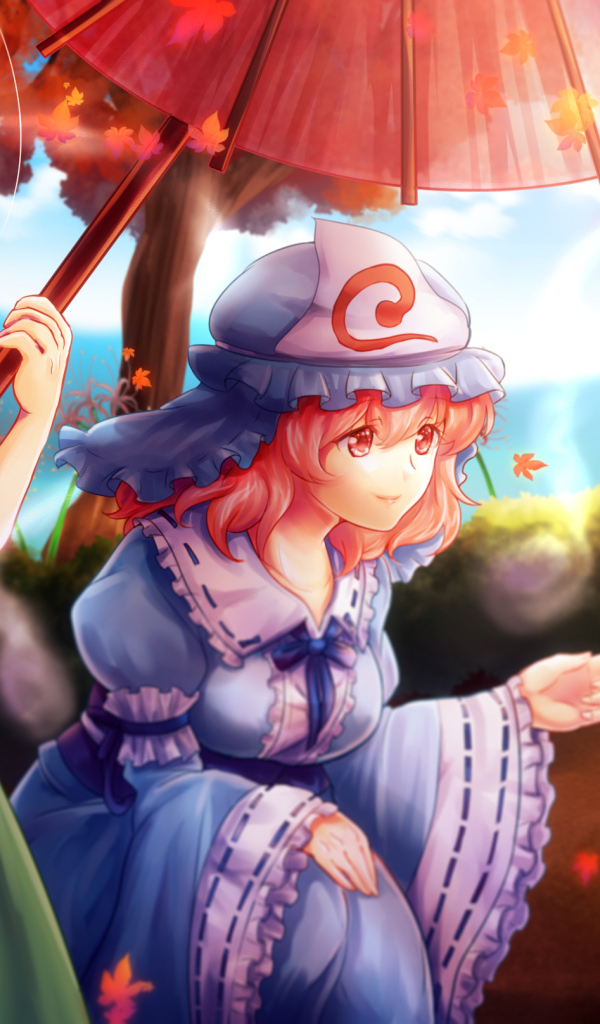 Пара девушек под зонтом в аниме Saigyouji Yuyuko