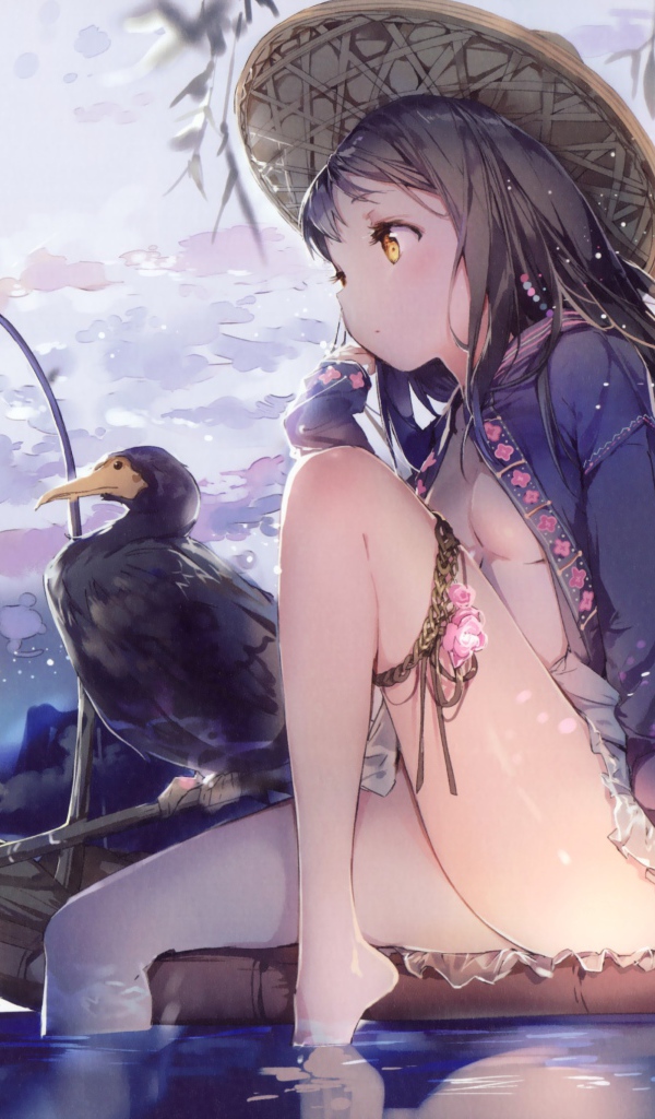 Девушка аниме и утка сидят на лодке