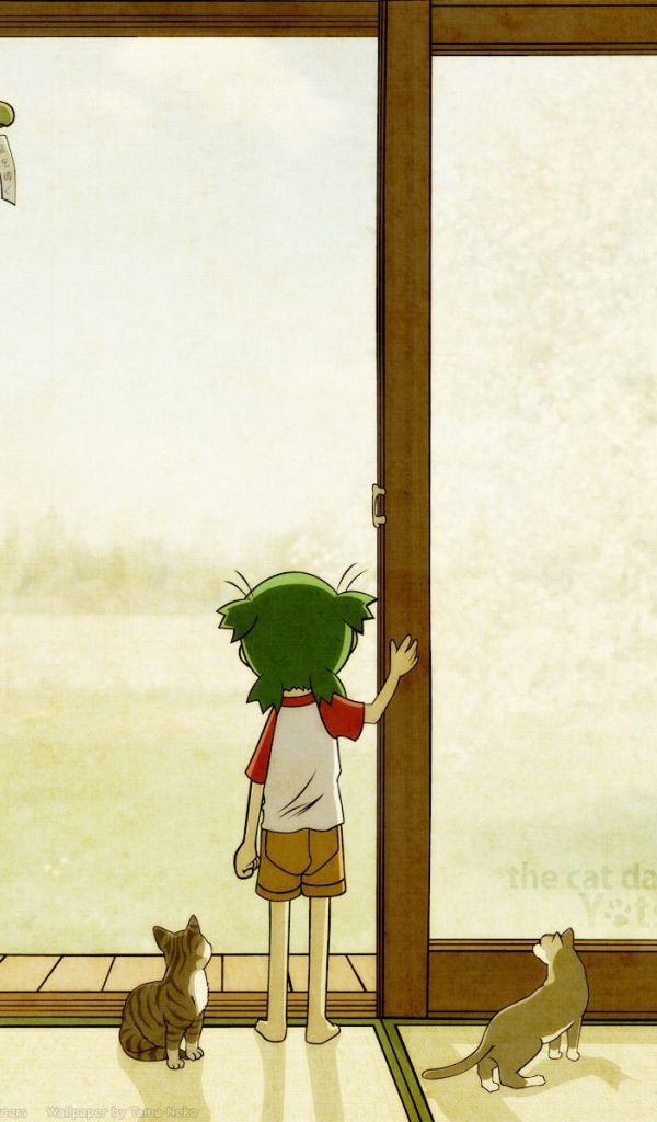 Девочка аниме с котами смотрит в окно