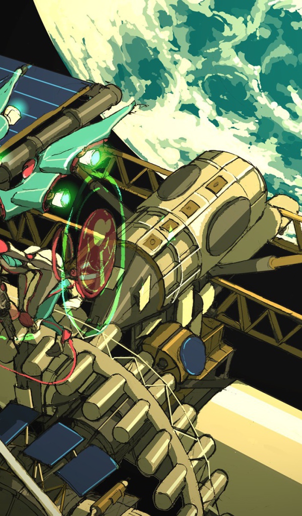 Герои аниме на космической станции над Землей