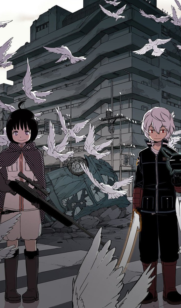 Аниме персонажи с оружием среди голубей