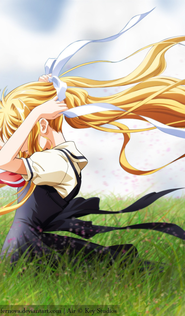 Девушка аниме среди поля в ветреный день