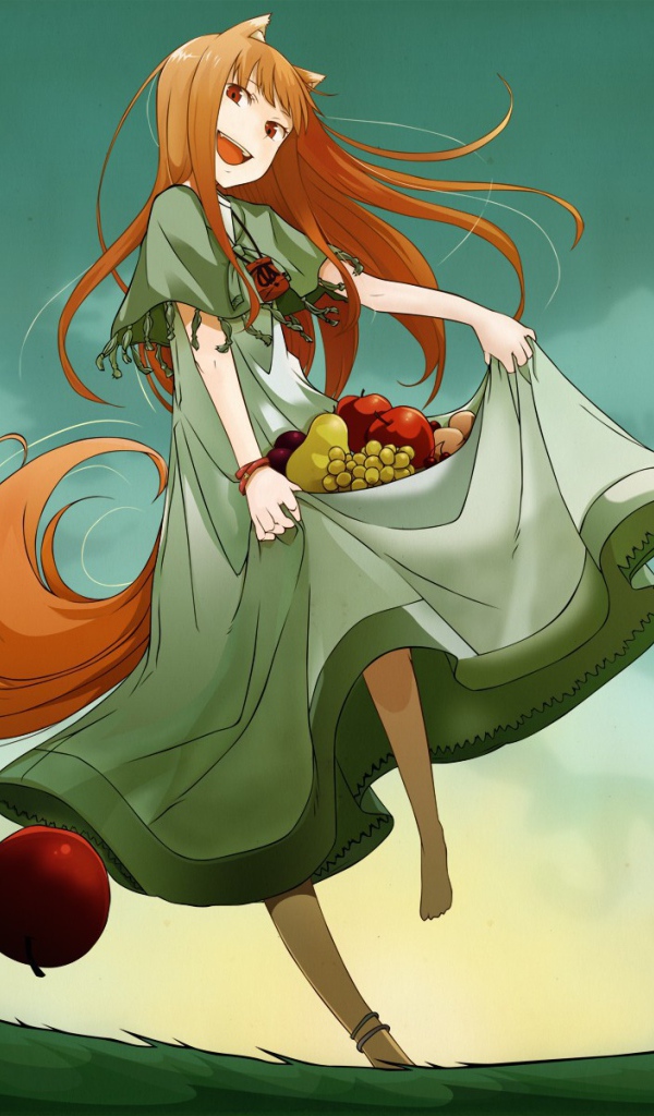 Девушка аниме несет в подоле фрукты