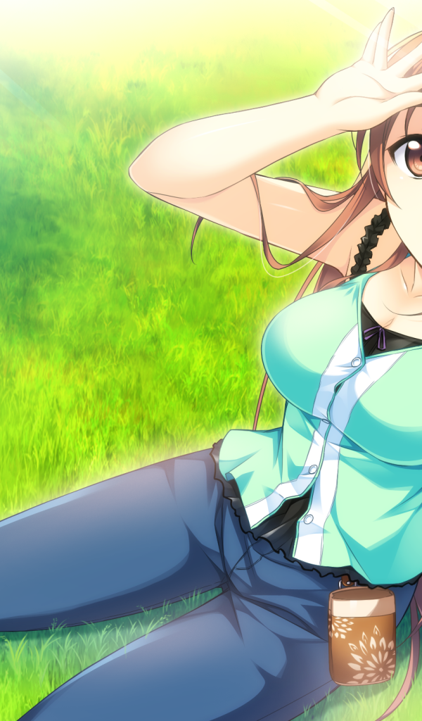 Аниме девушка шатенка сидит на газоне