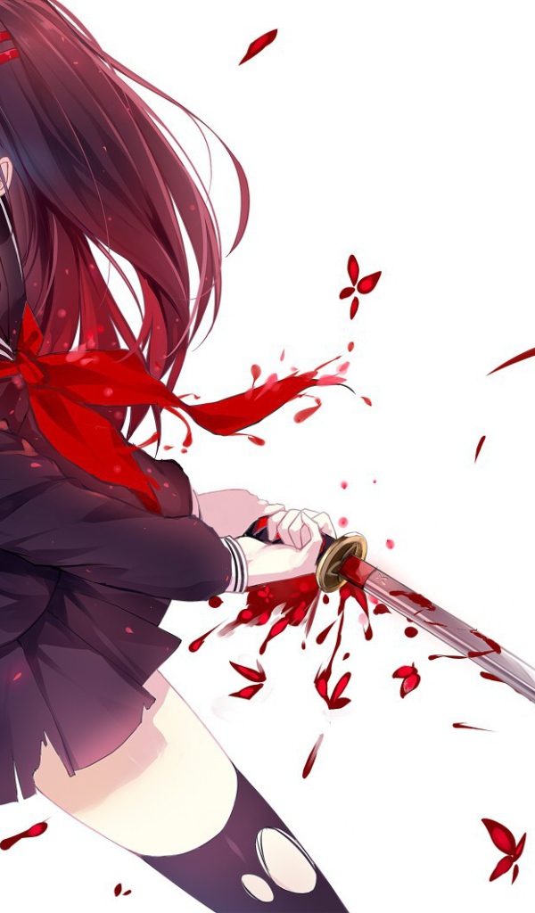 Девушка аниме держит катану с каплями крови