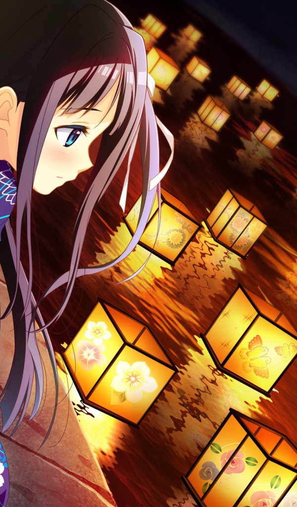 Аниме девушка в кимоно смотрит на фонарики