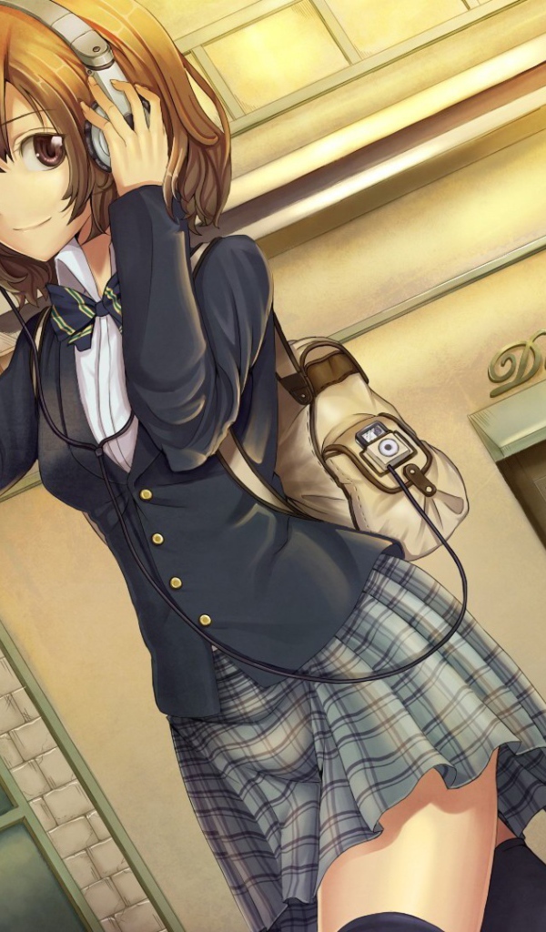 Аниме девушка в наушниках с рюкзаком