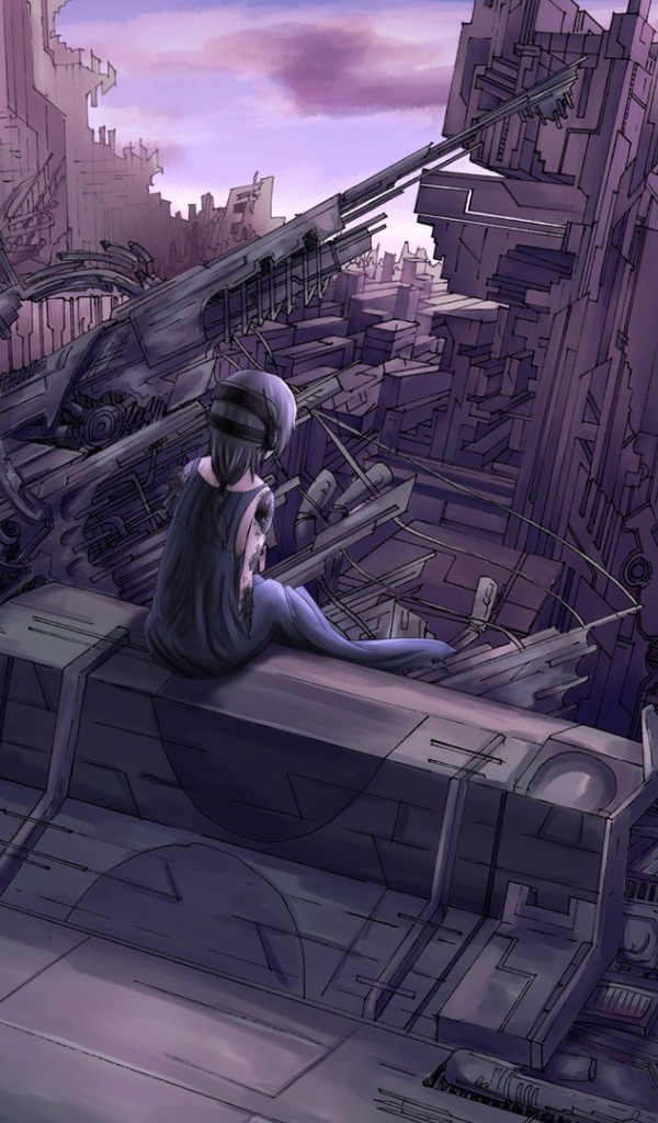 Девушка аниме смотрит на руины города