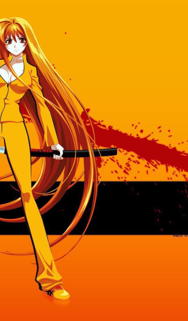 Аниме девушка на оранжевом фоне с катаной