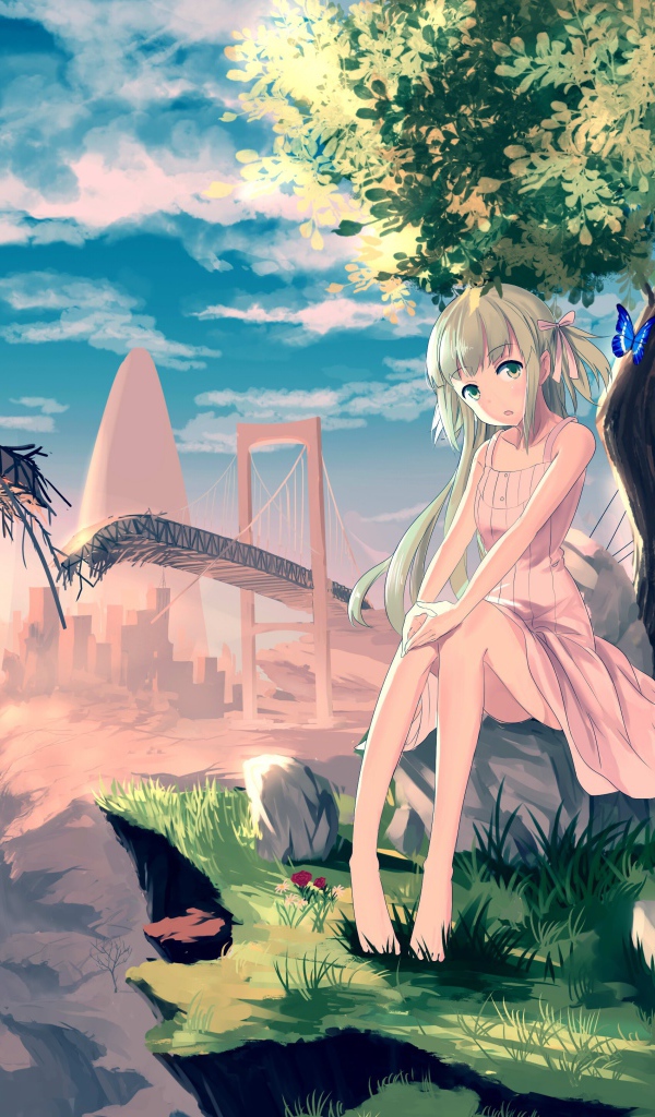 Аниме девушка на фоне разрушенного моста