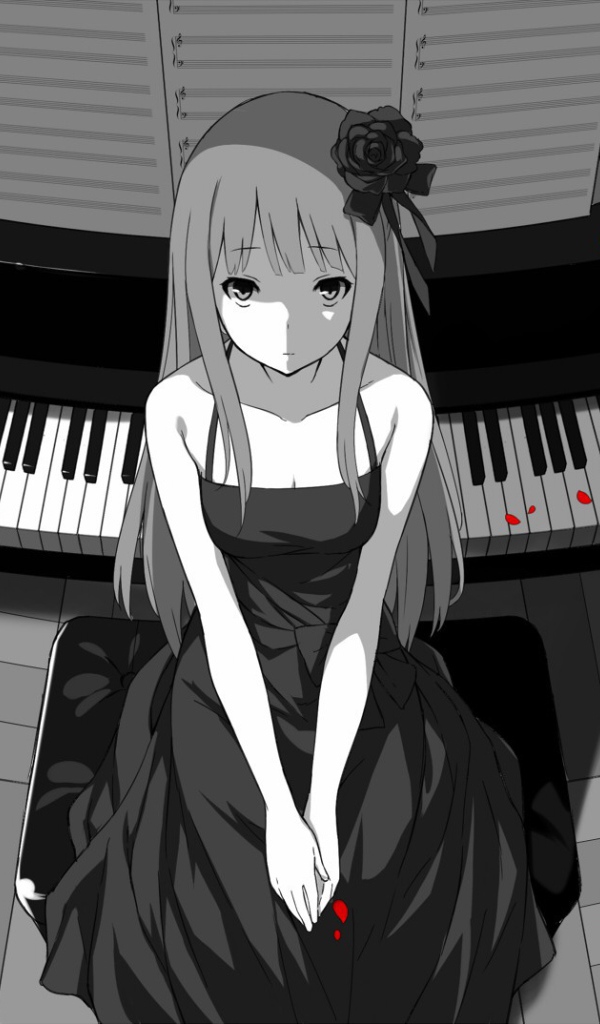 Аниме девушка сидит у пианино